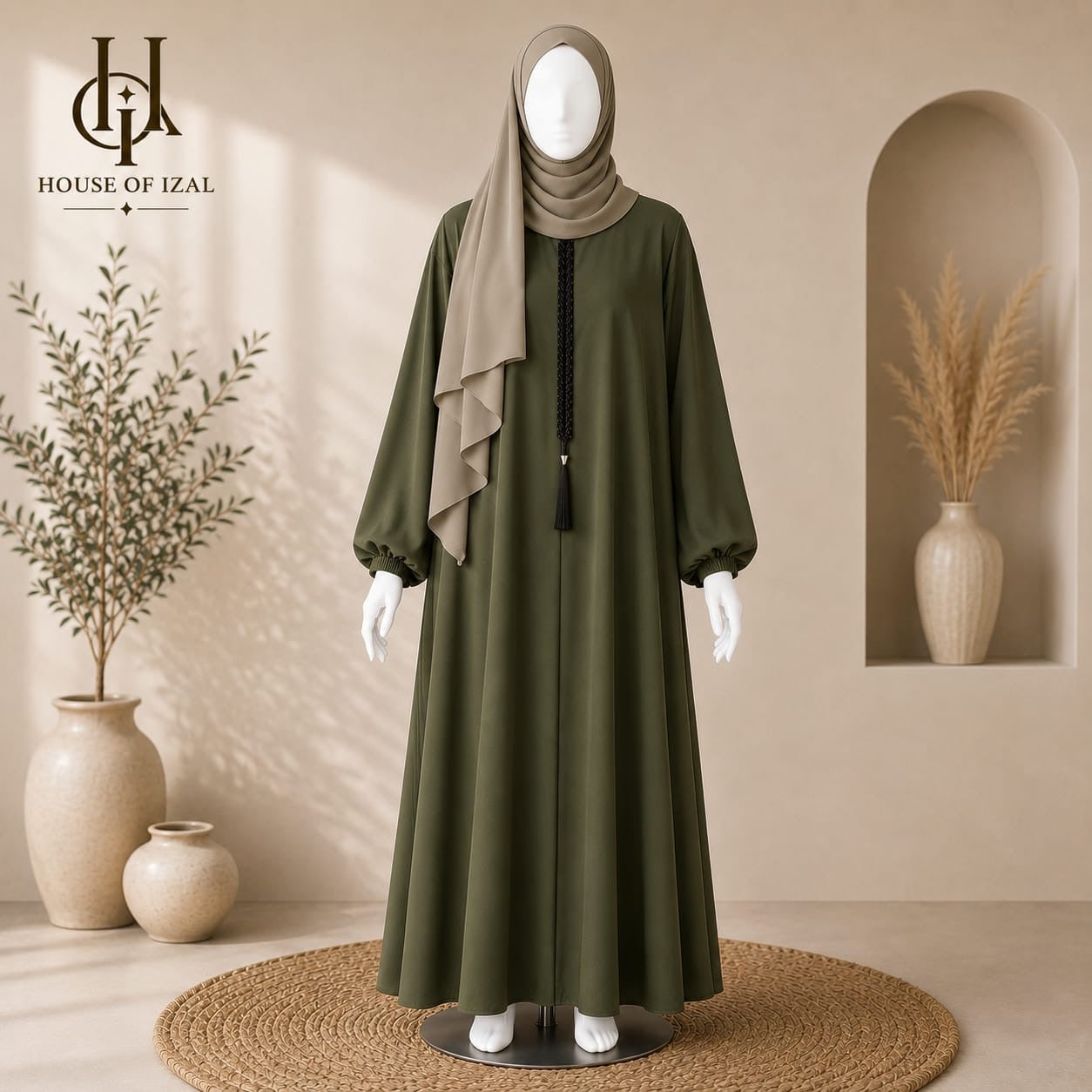 Moss Olive Braided Flare Abaya
