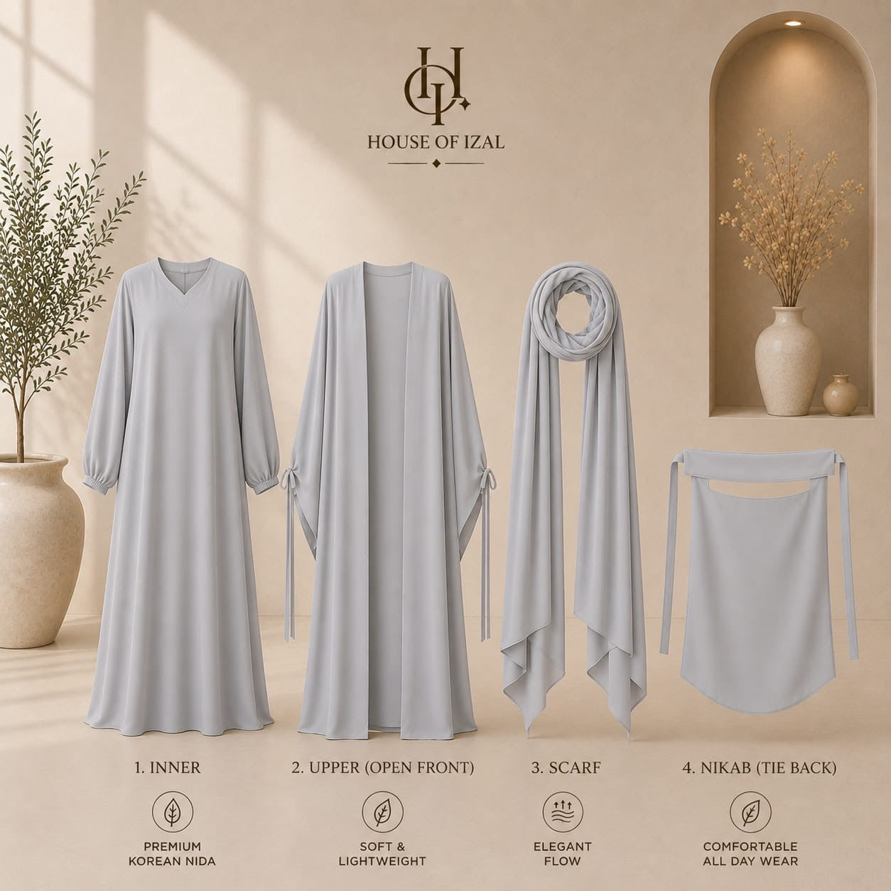 Silver Grey Abaya Set (4-piece)