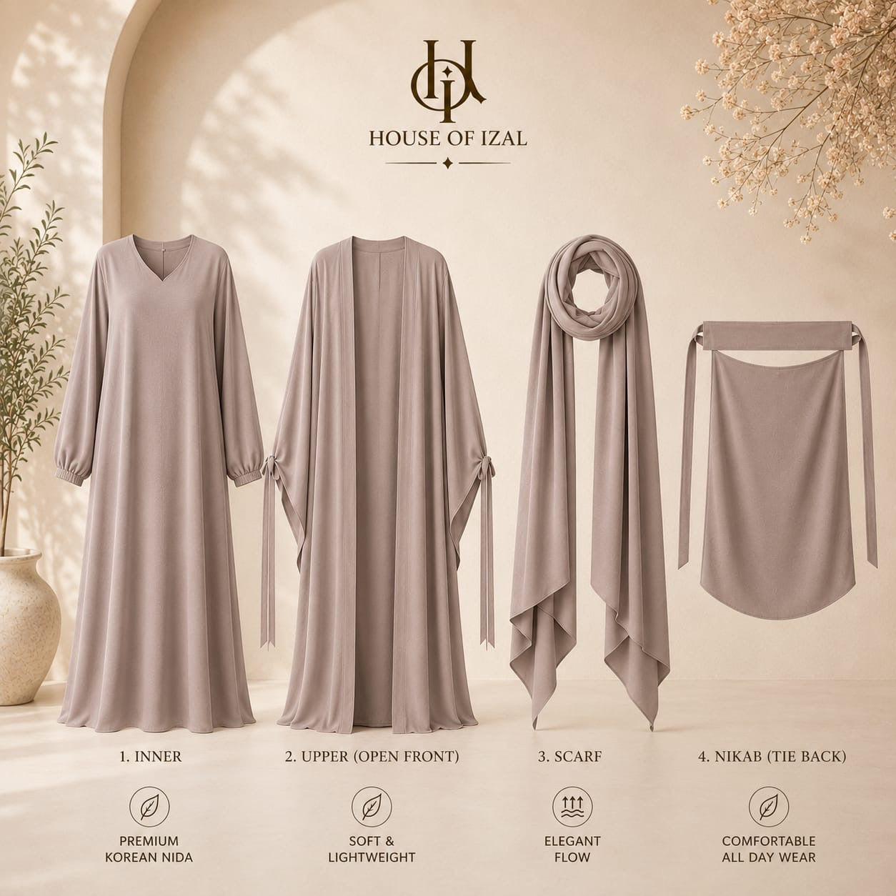 Mushroom Taupe 4-Piece Georgette Abaya Set