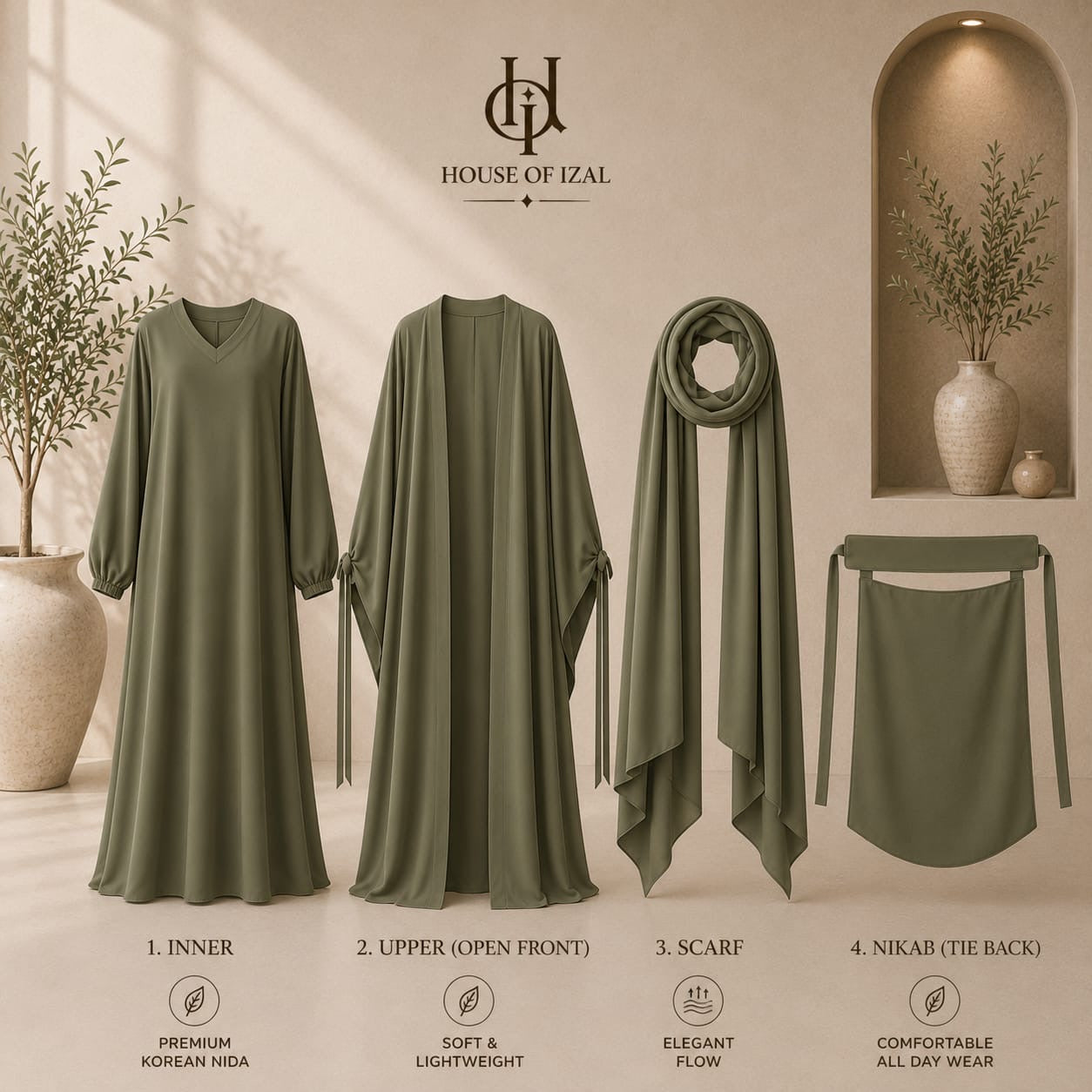 Olive Sage Abaya Set (4-Piece)