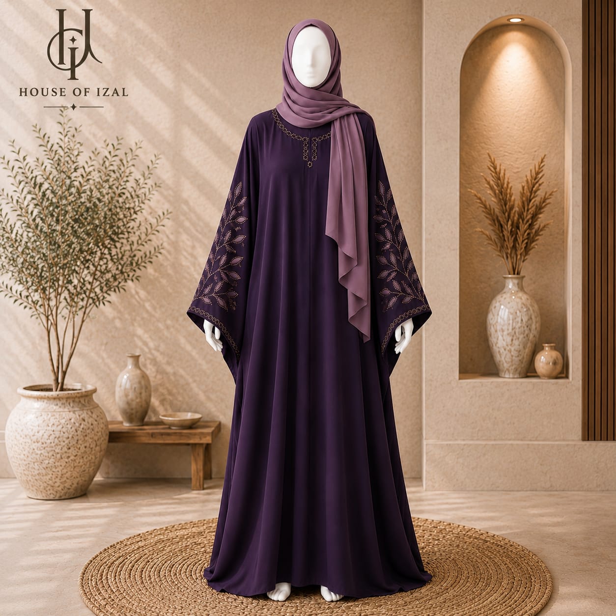 Deep Plum Embroidered Baggy Abaya