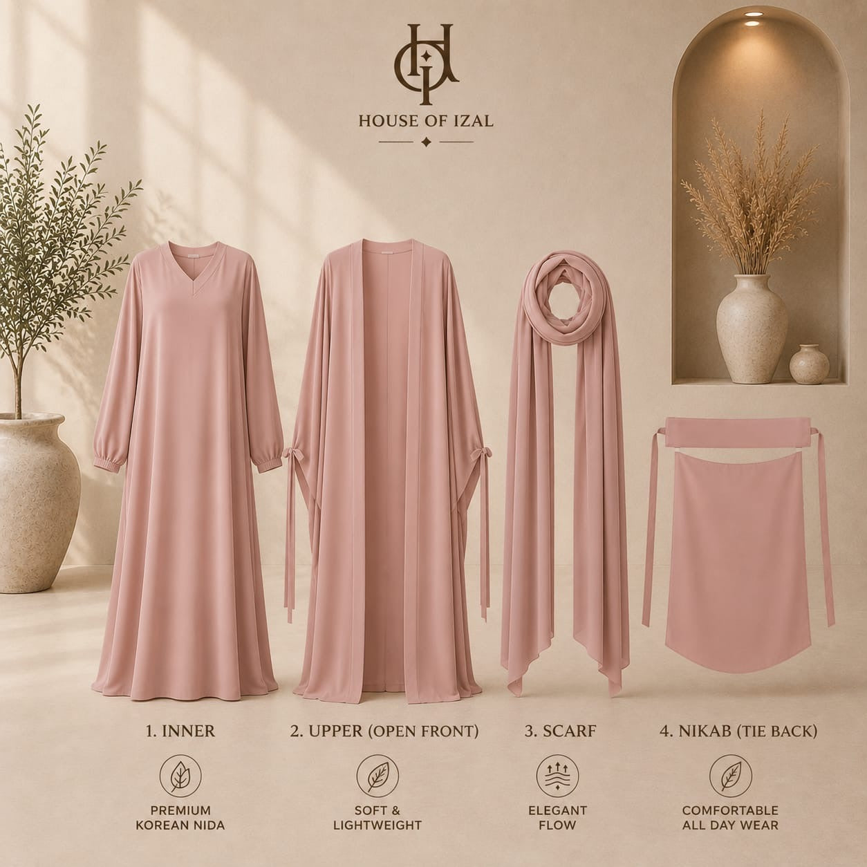 Blush Rose Abaya Set (4-Piece)