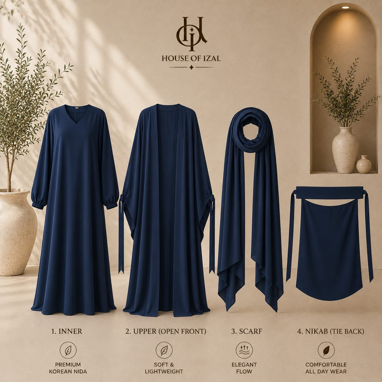 Midnight Navy Abaya Set (4-Piece)