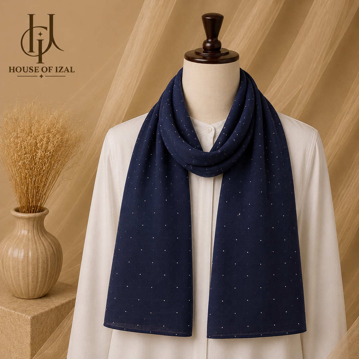 Navy Blue Rhinestone Lawn Scarf