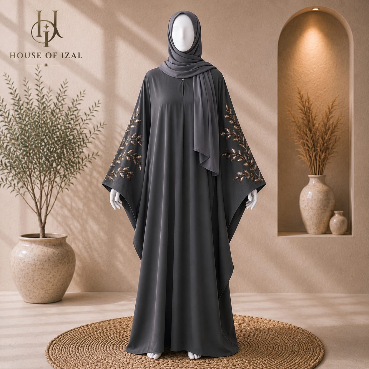 Charcoal Grey Embroidered Baggy Abaya