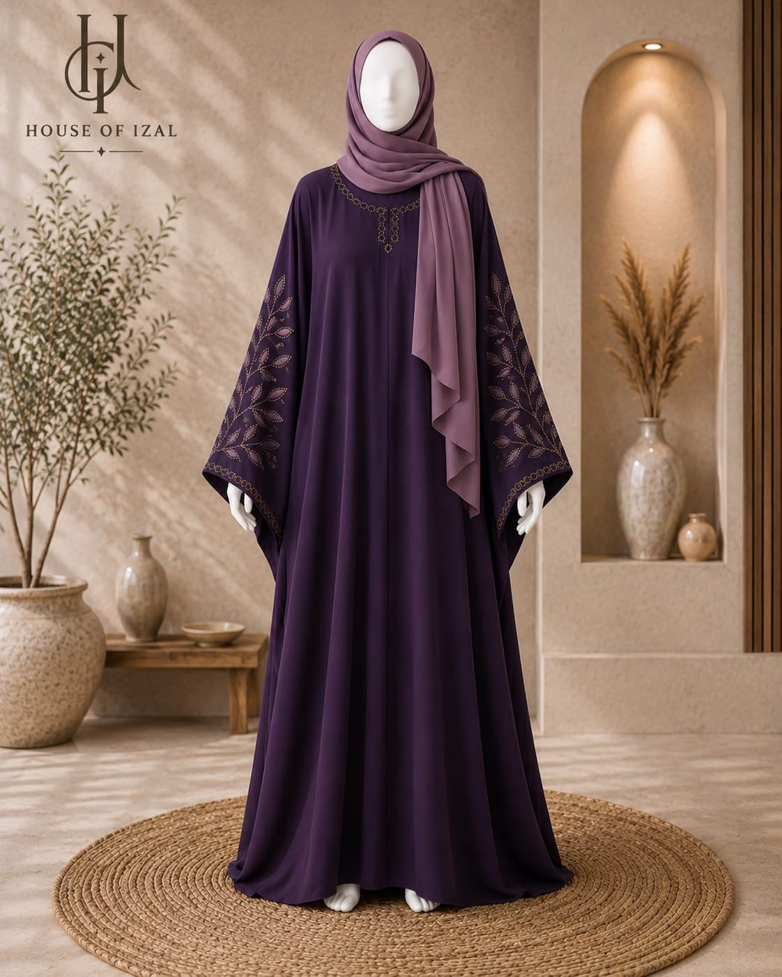 Deep Plum Embroidered Baggy Abaya