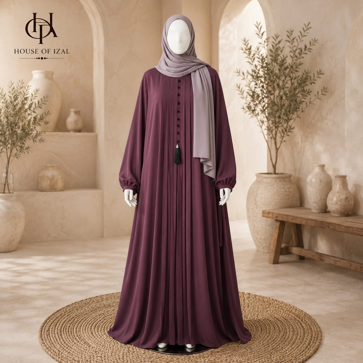 Dusty Burgundy Pleated Abaya